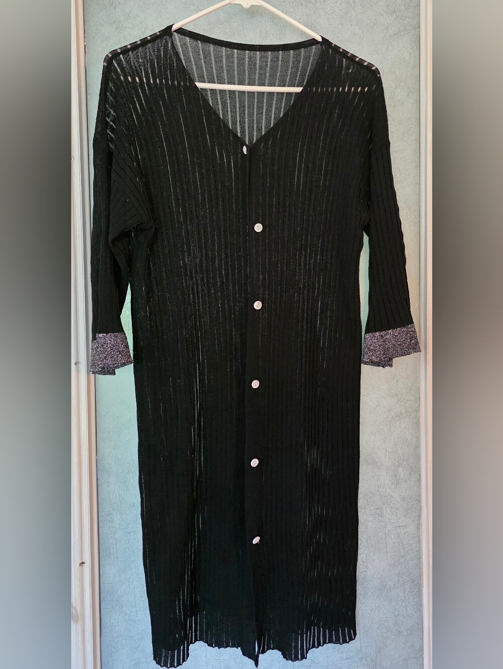 Black Ribbed Button-Front Long Cardigan with Sparkle Cuffs